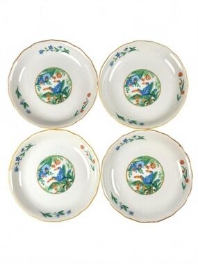 Set of 4 Vintage Dessert Plates Scalloped Rim Tropical Japan Toucan Porcelain